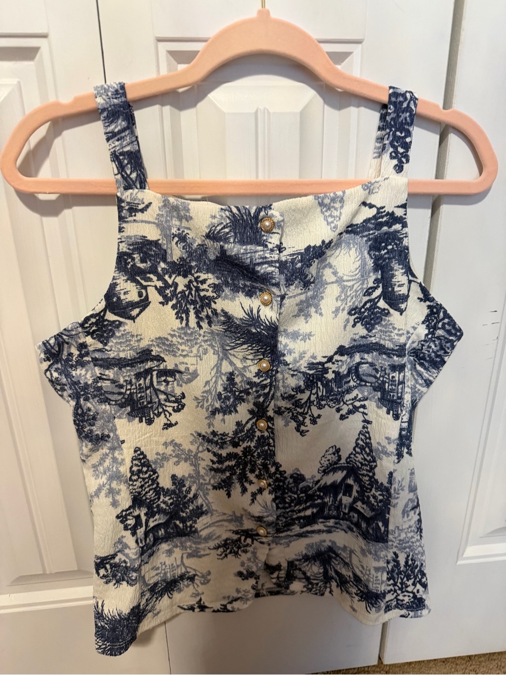 Sunset & Harper Blue & White Toile Button-Front Tank/Vest - Size Small
